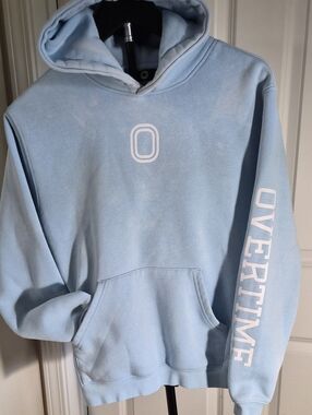 "O" Light Blue Crewneck Hoodie with OVERTIME Sleeve Branding